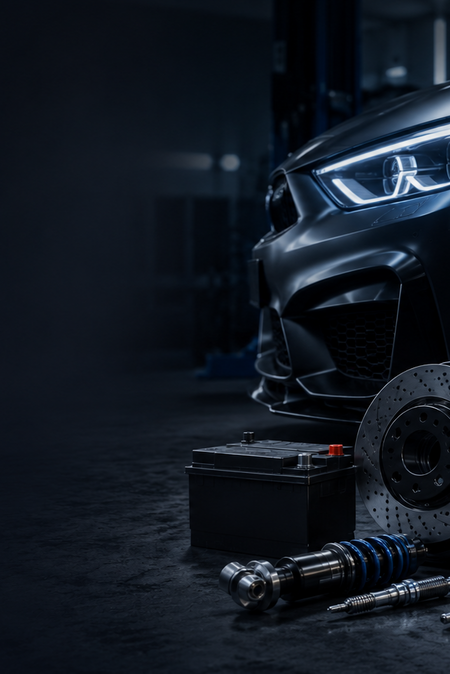 Car with mechanical parts and tools on a dark background